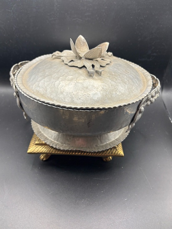 Other - Aluminum Hammered Silver-Tone Lidded Bowl with Floral Finial